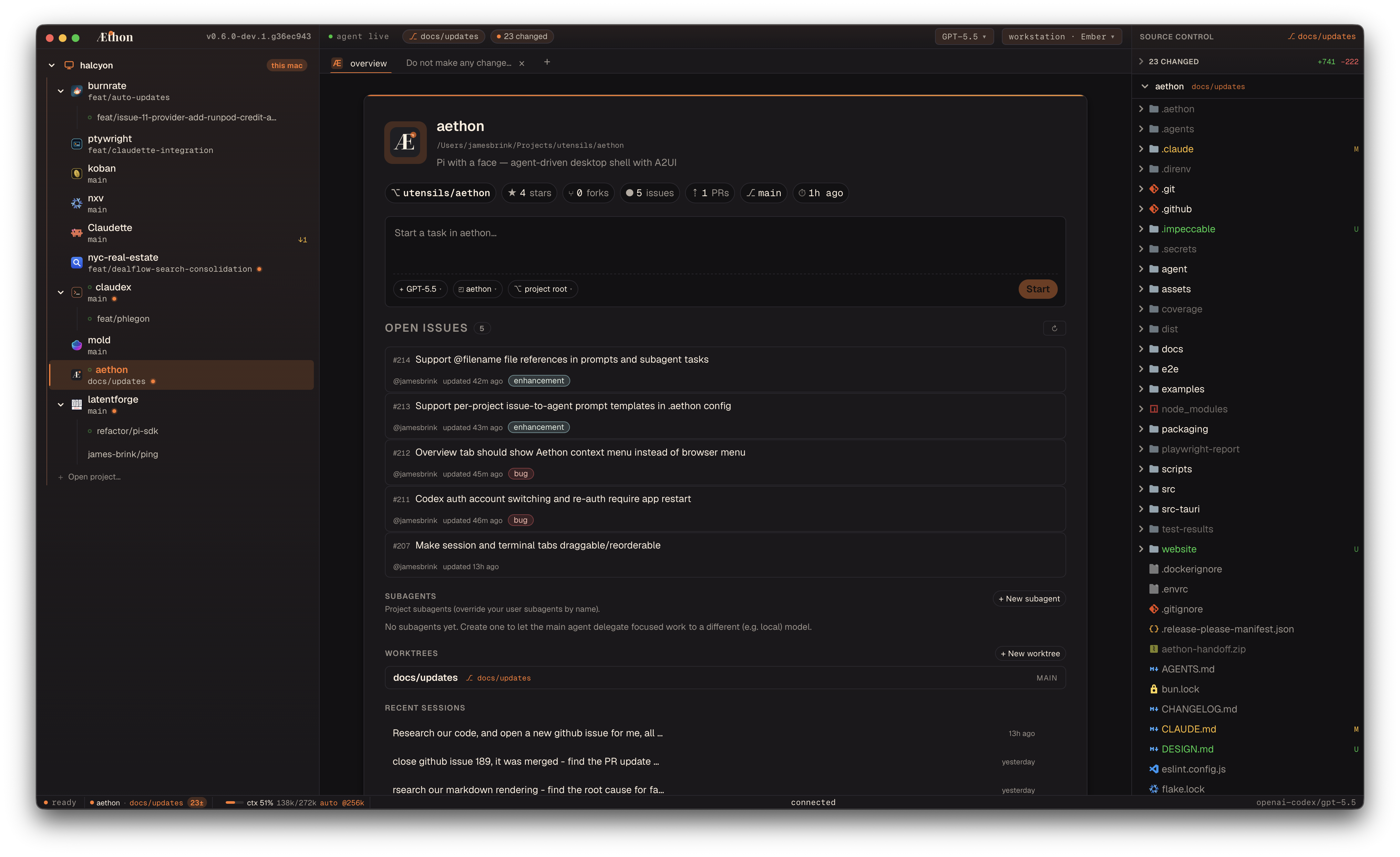 Aethon workstation showing projects, the project dashboard, and file explorer