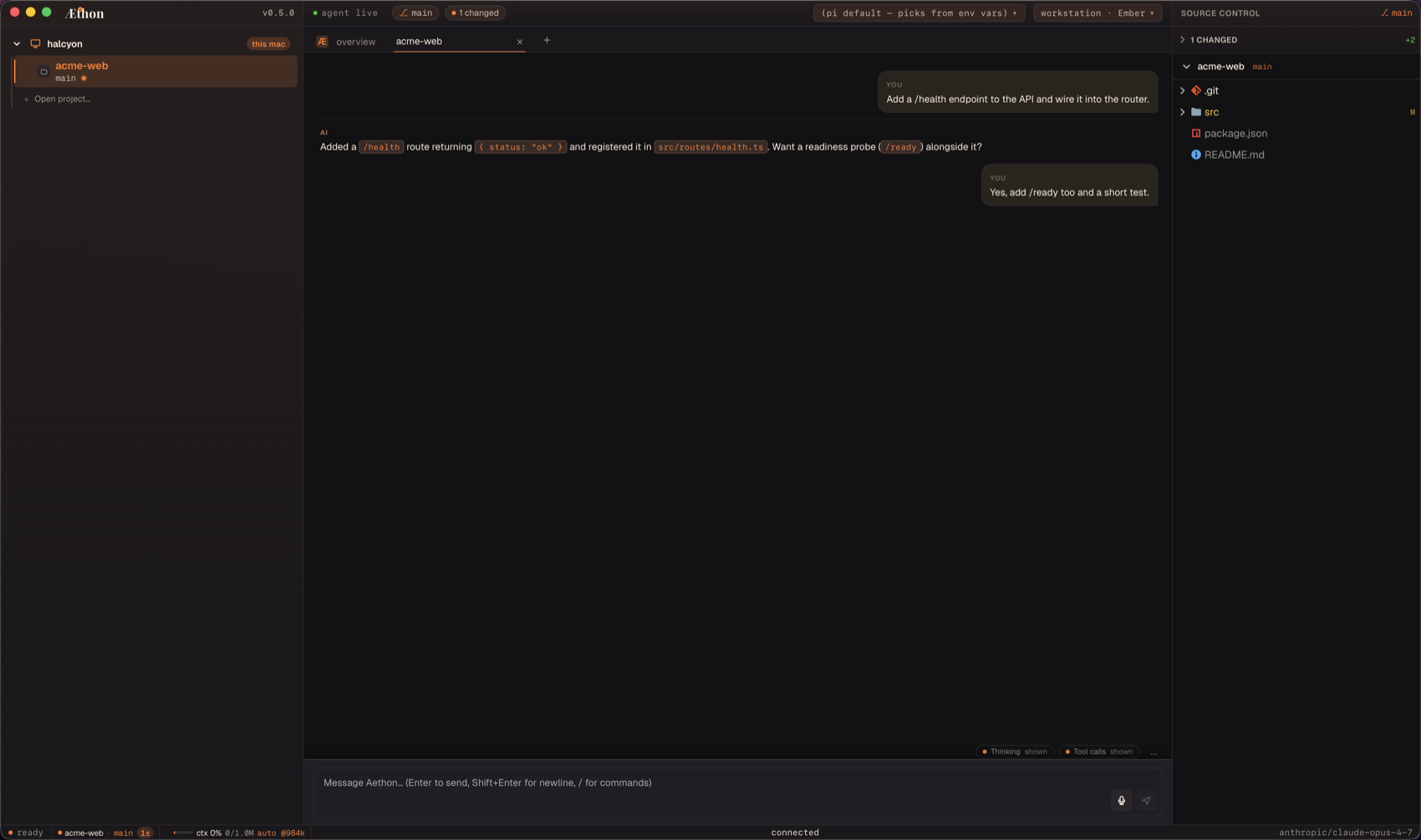 An Aethon agent tab. The top strip carries the active tab title and model picker; the left sidebar shows the host and project tree; the center is the scrollable chat history with the composer beneath it; the right panel is source control; the status bar along the bottom shows the model, project, branch, and context usage.