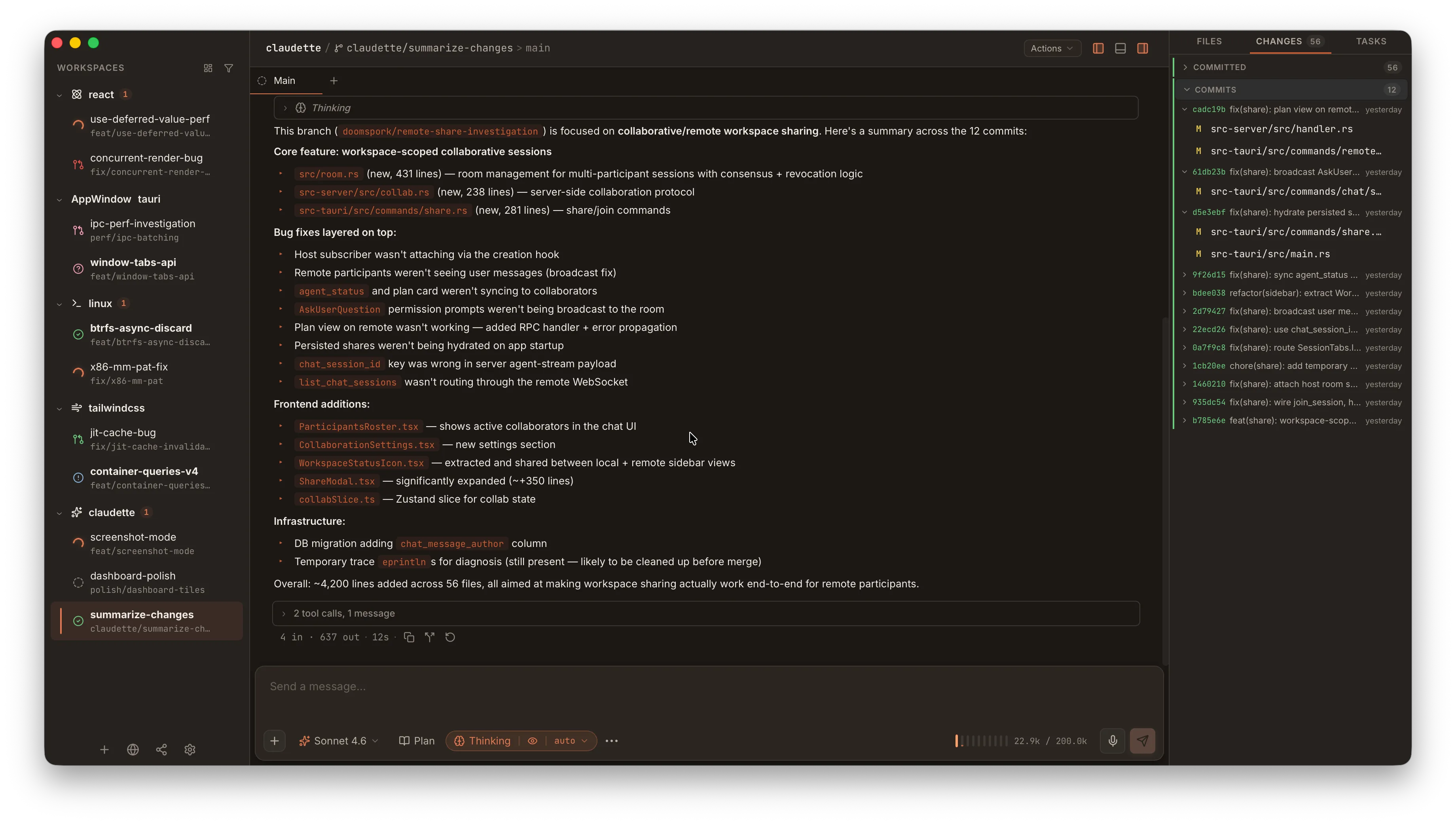 Claudette agent view showing the workspace sidebar with multiple parallel sessions and an active agent chat