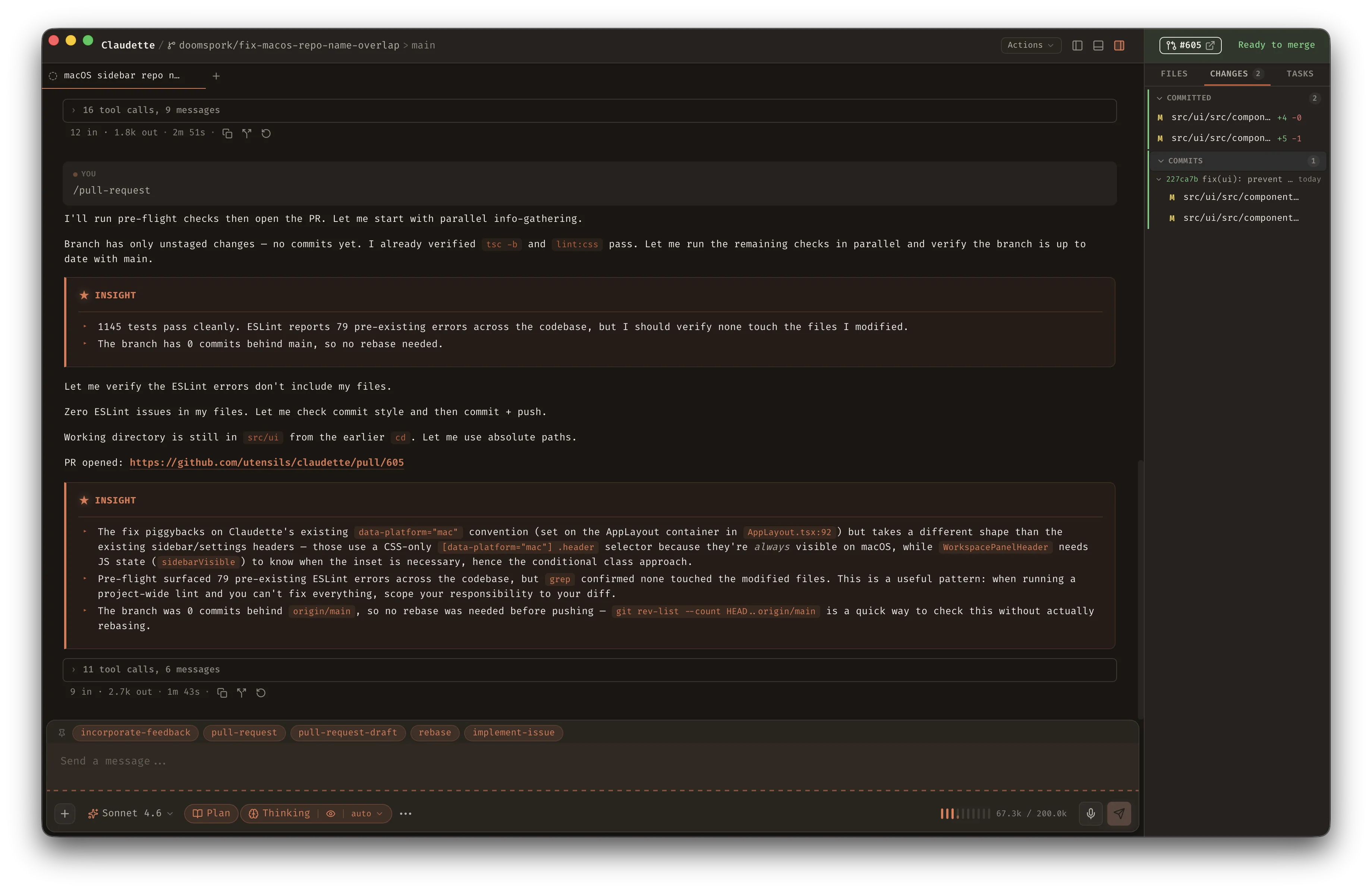 Claudette sidebar showing workspace list with PR state badges and the SCM tab open with CI check results