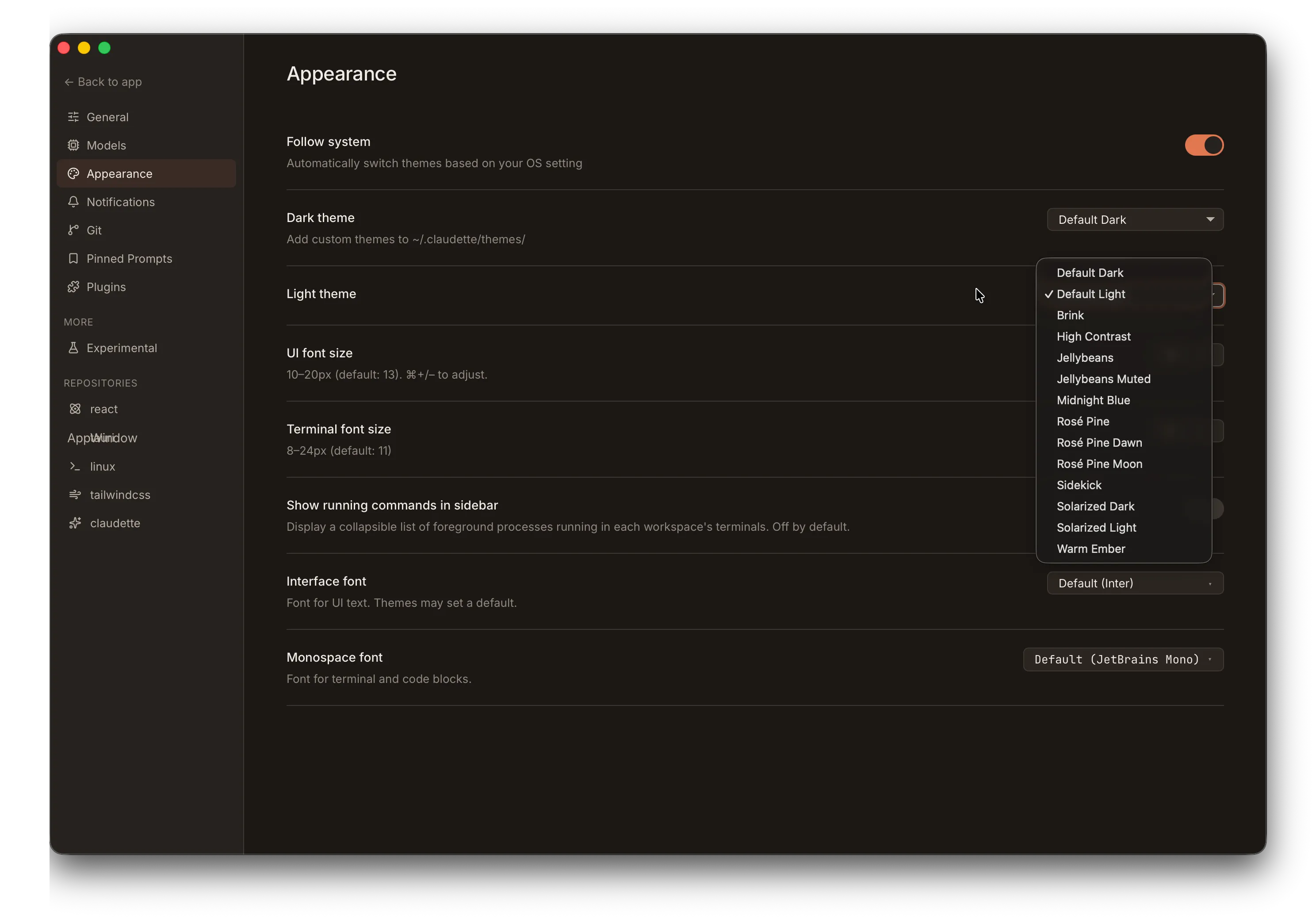 Claudette Appearance settings with Follow system enabled, showing separate dark and light theme selectors