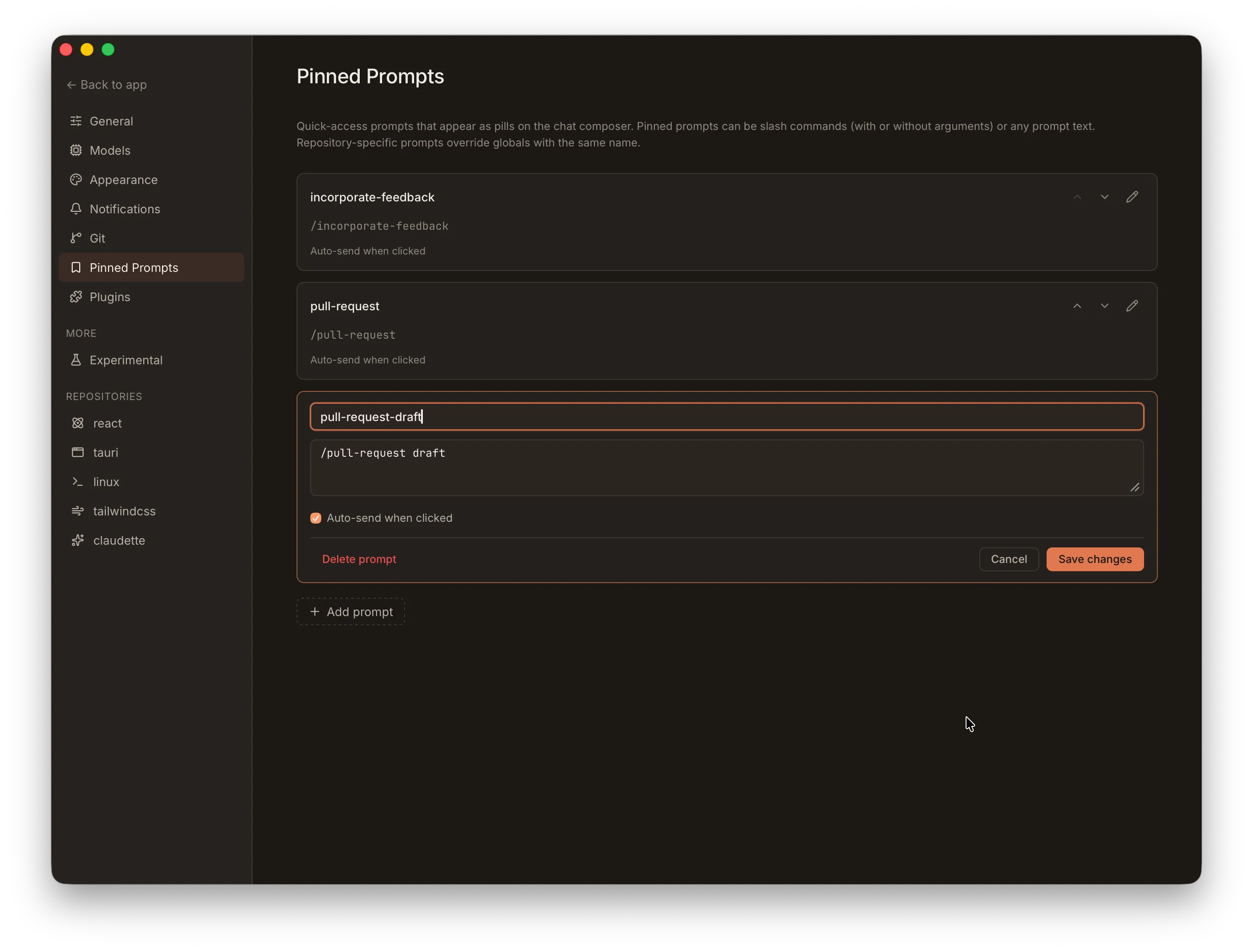 Global Pinned Prompts settings page showing several saved prompts with edit, reorder, and add controls