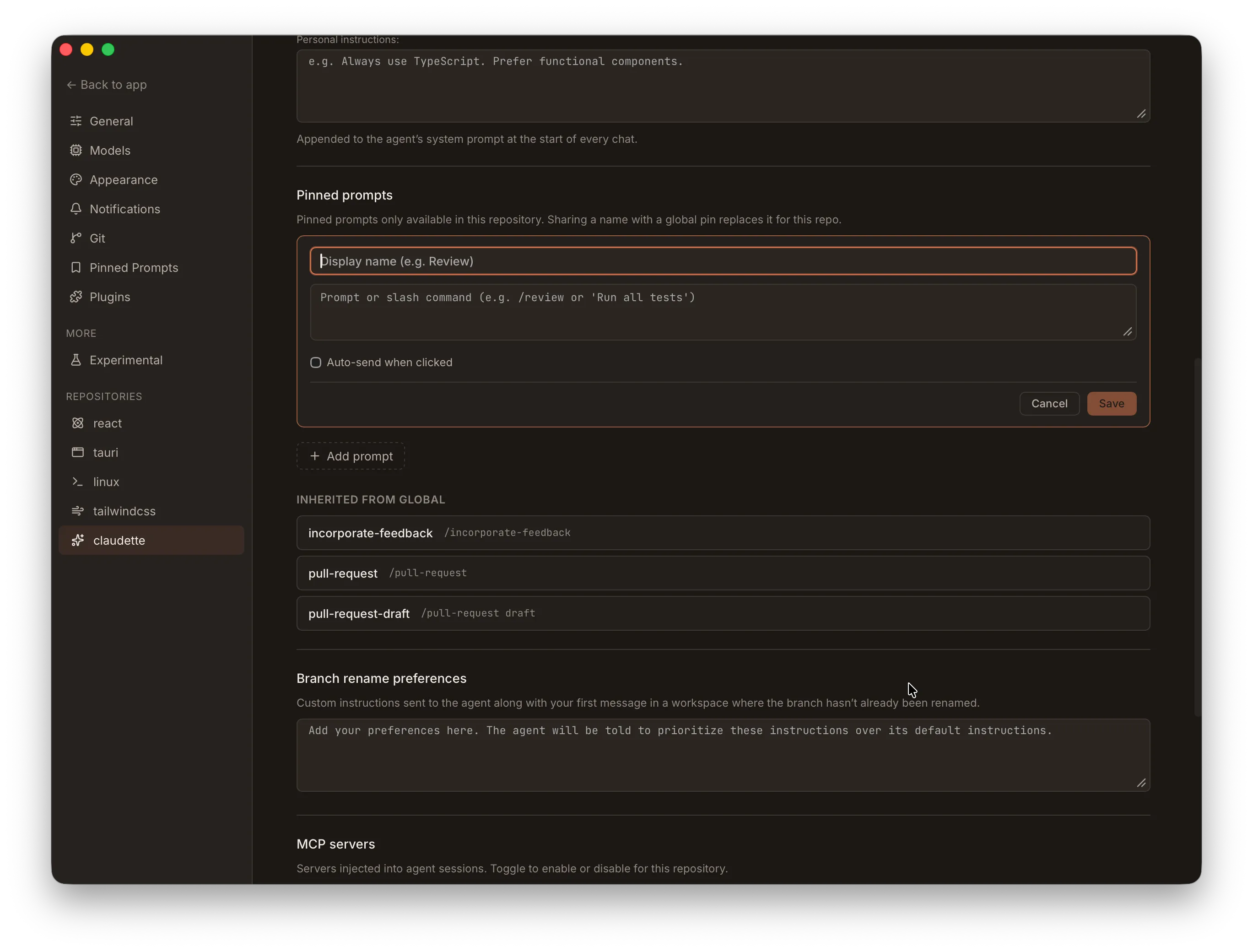 Repository settings page with a Pinned Prompts section and an Inherited from Global list below it