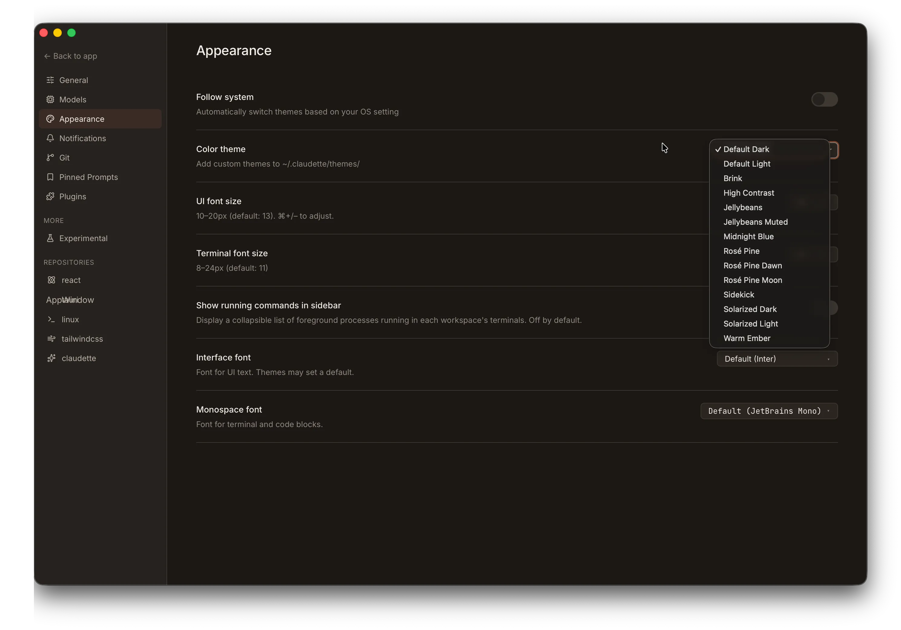 Claudette Appearance settings showing the theme picker dropdown with built-in theme options