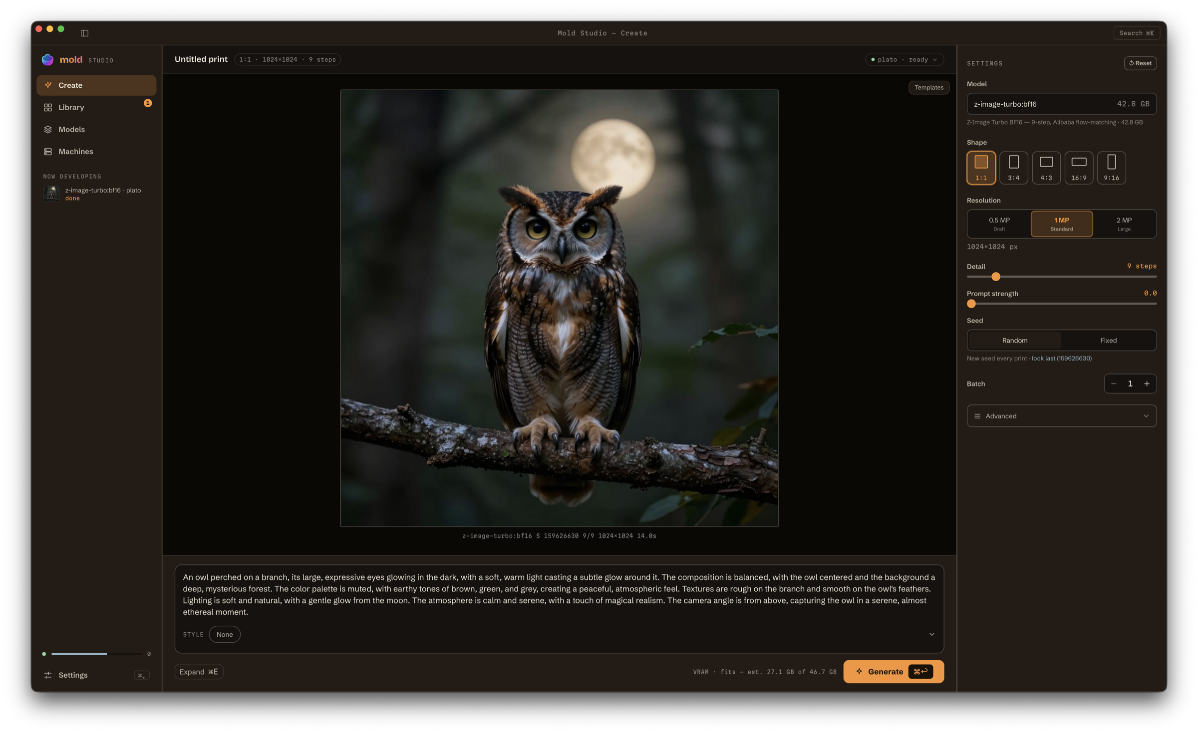 Mold Studio desktop app generating an owl